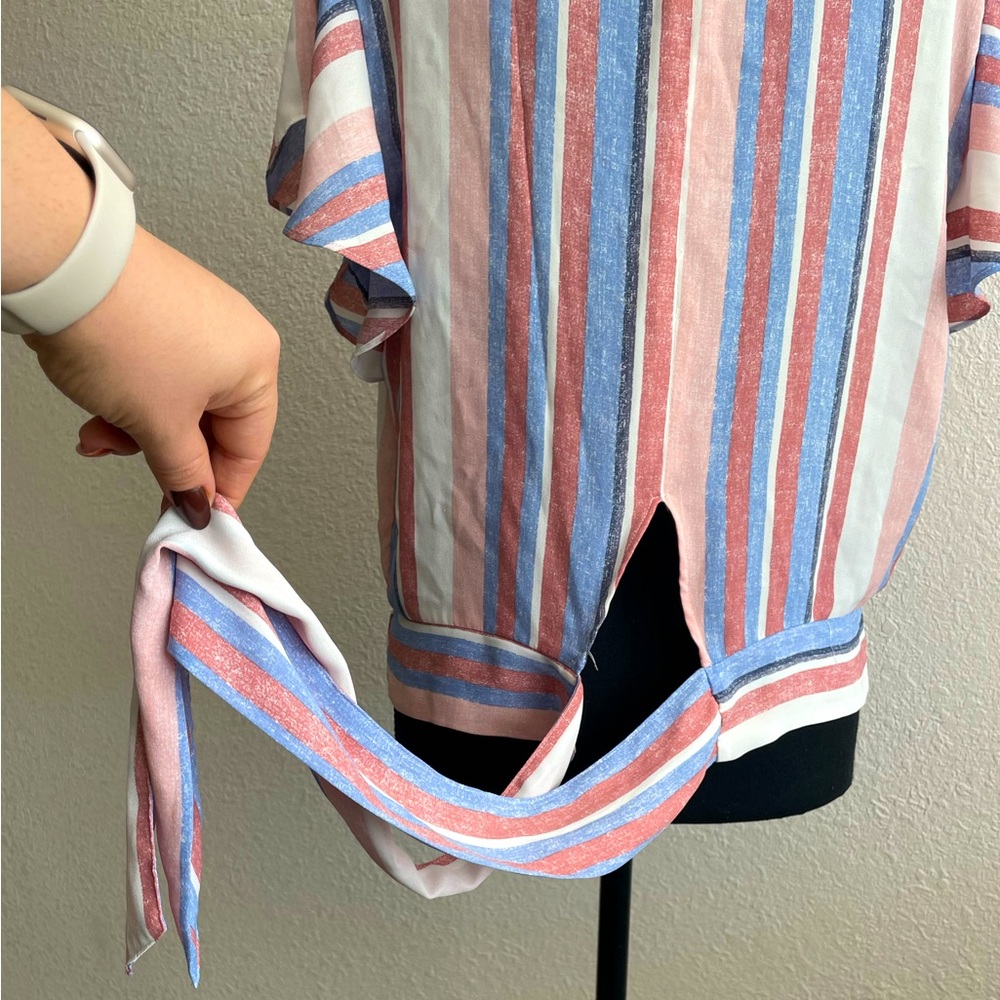 Flutter Sleeve Tie Back Cropped Junior's Top (Multi
Distressed Stripe) - Picture 7 of 13